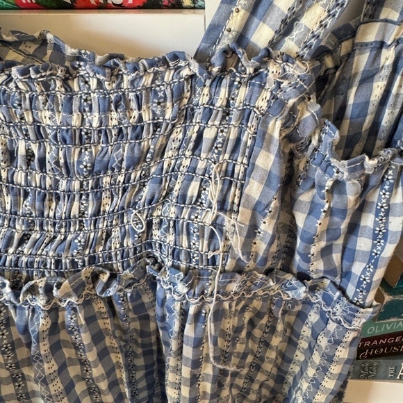 Max studio blue white gingham plaid checker tiered ruffle romantic maxi dress - Picture 3 of 8